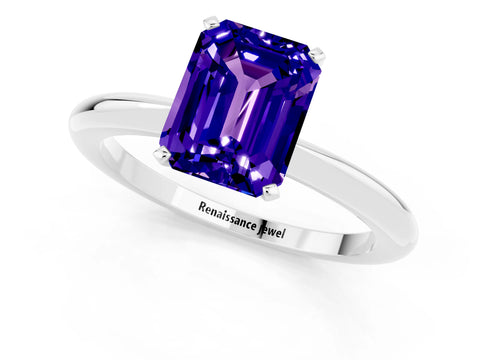 White gold Emerald Cut Tanzanite Solitaire Ring with Six-Prong Setting and Classic Band_37