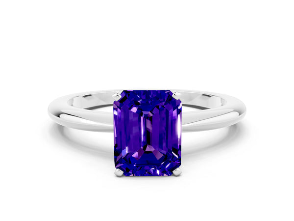 White gold Emerald Cut Tanzanite Solitaire Ring with Six-Prong Setting and Classic Band