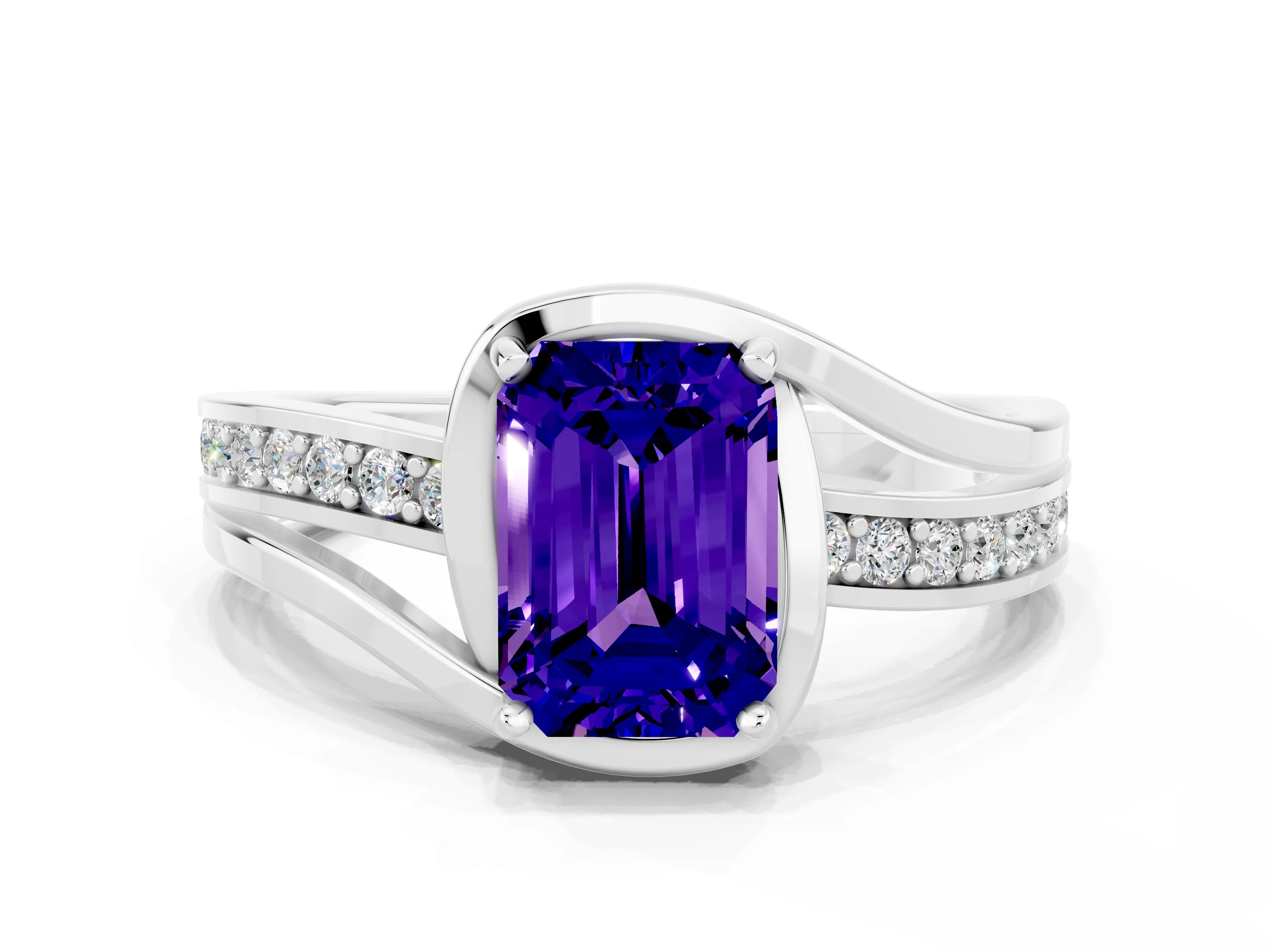 White gold Emerald Cut Tanzanite Solitaire Ring with Split Shank and Prong Setting