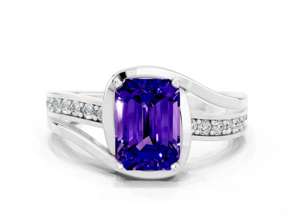 Platinum Emerald Cut Tanzanite Solitaire Ring with Split Shank and Prong Setting