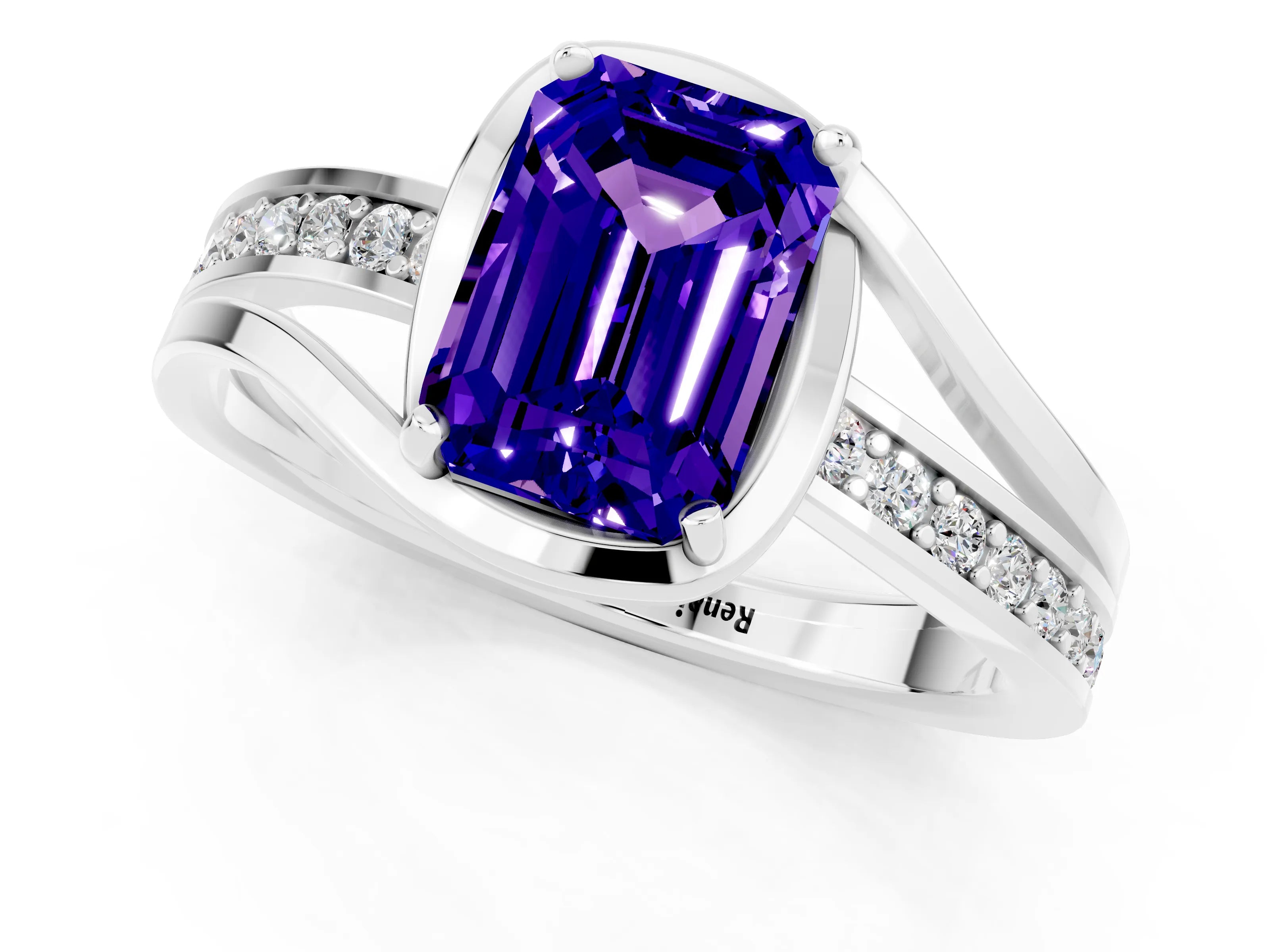 White gold Emerald Cut Tanzanite Solitaire Ring with Split Shank and Prong Setting_1