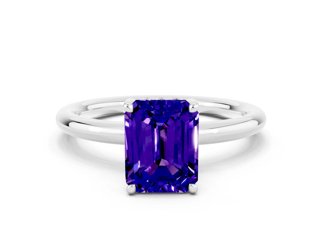 White gold Emerald Cut Tanzanite Solitaire Ring with Thin Band and Four-Prong Setting_12