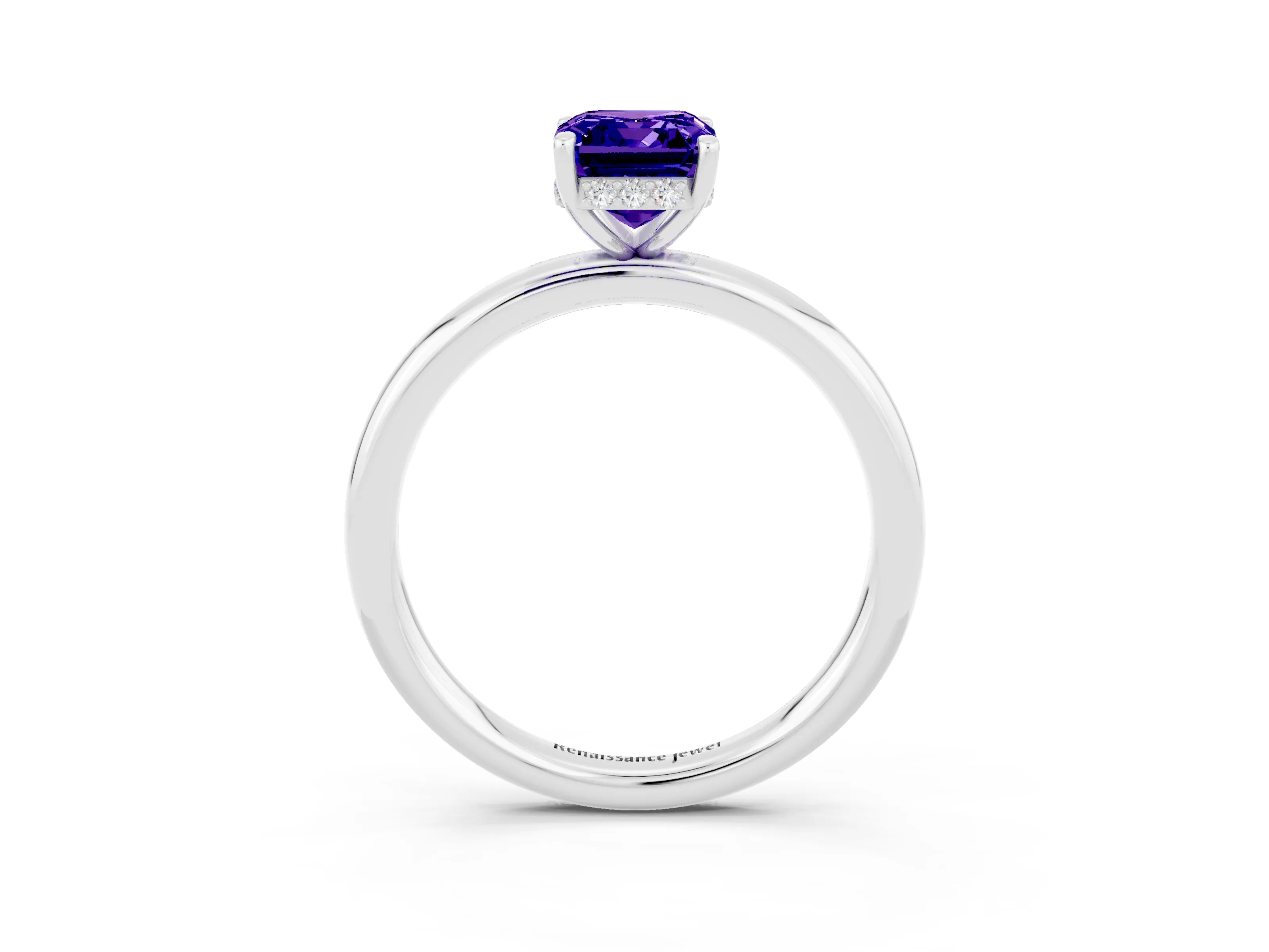 White gold Emerald Cut Tanzanite Solitaire Ring with Thin Band and Four-Prong Setting_15