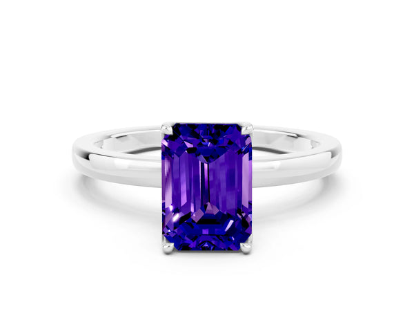 Platinum Emerald Cut Tanzanite Solitaire Ring with Thin Band and Prong Setting