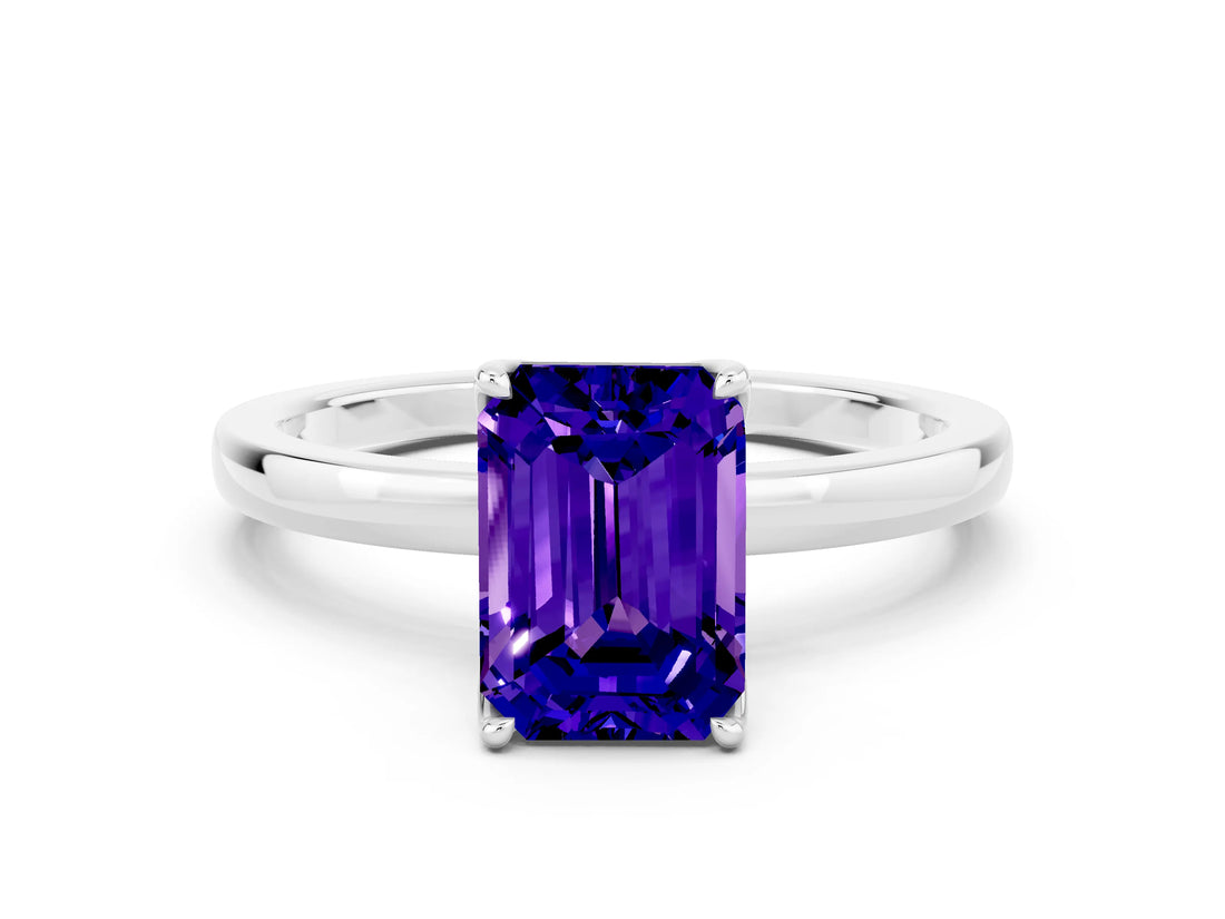 White gold Emerald Cut Tanzanite Solitaire Ring with Thin Band and Prong Setting_12