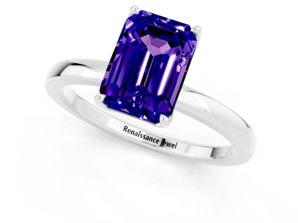 Platinum Emerald Cut Tanzanite Solitaire Ring with Thin Band and Prong Setting