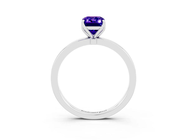 White gold Emerald Cut Tanzanite Solitaire Ring with Thin Band and Prong Setting