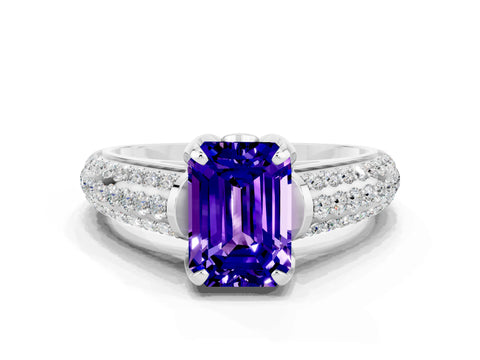 White gold Emerald Cut Tanzanite Solitaire Ring with Three-Row Pavé Band and Four-Prong Setting_12