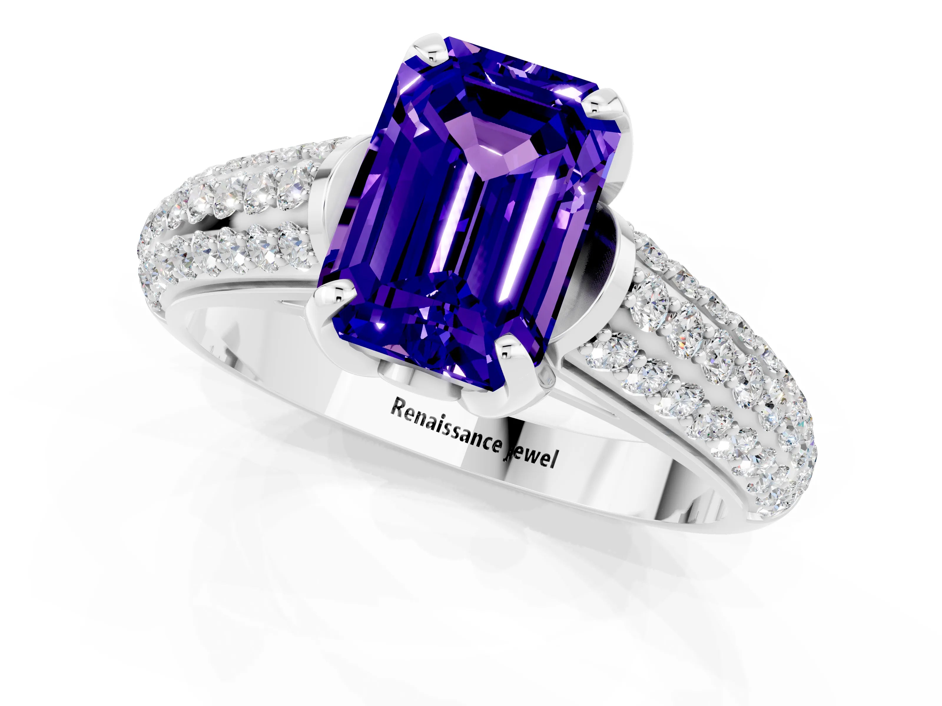 White gold Emerald Cut Tanzanite Solitaire Ring with Three-Row Pavé Band and Four-Prong Setting_13