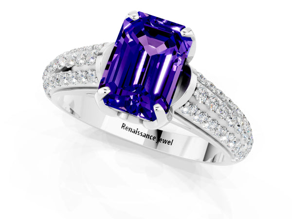 Silver Emerald Cut Tanzanite Solitaire Ring with Three-Row Pavé Band and Four-Prong Setting