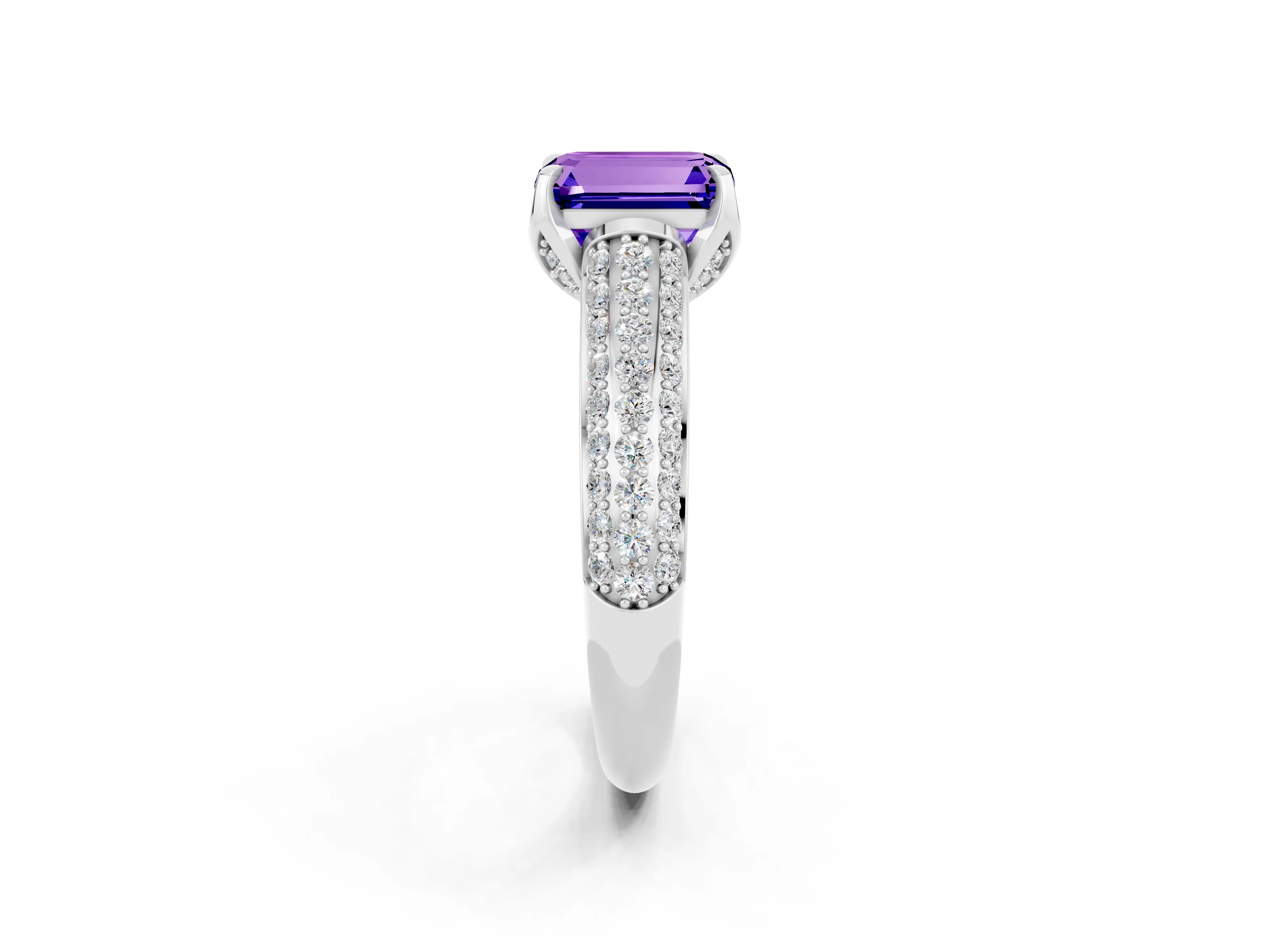 White gold Emerald Cut Tanzanite Solitaire Ring with Three-Row Pavé Band and Four-Prong Setting_14