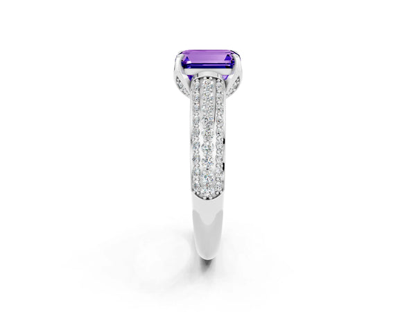 Silver Emerald Cut Tanzanite Solitaire Ring with Three-Row Pavé Band and Four-Prong Setting