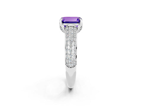 White gold Emerald Cut Tanzanite Solitaire Ring with Three-Row Pavé Band and Four-Prong Setting_14