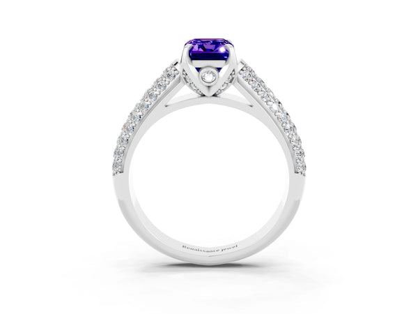 Platinum Emerald Cut Tanzanite Solitaire Ring with Three-Row Pavé Band and Four-Prong Setting