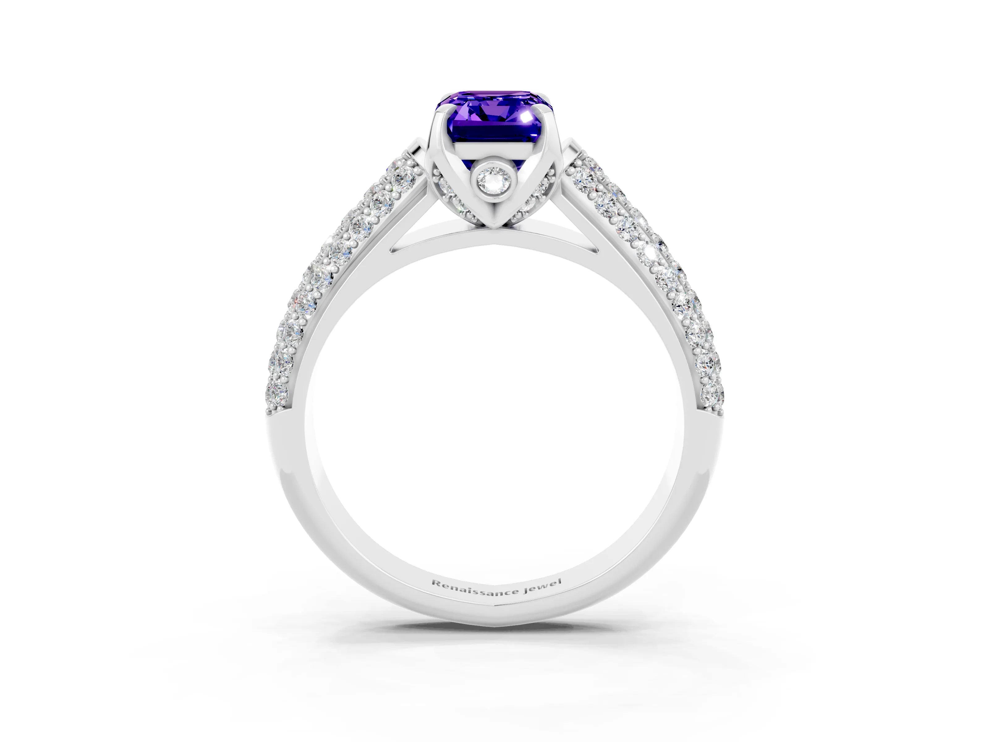 White gold Emerald Cut Tanzanite Solitaire Ring with Three-Row Pavé Band and Four-Prong Setting_15