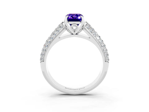 White gold Emerald Cut Tanzanite Solitaire Ring with Three-Row Pavé Band and Four-Prong Setting_15