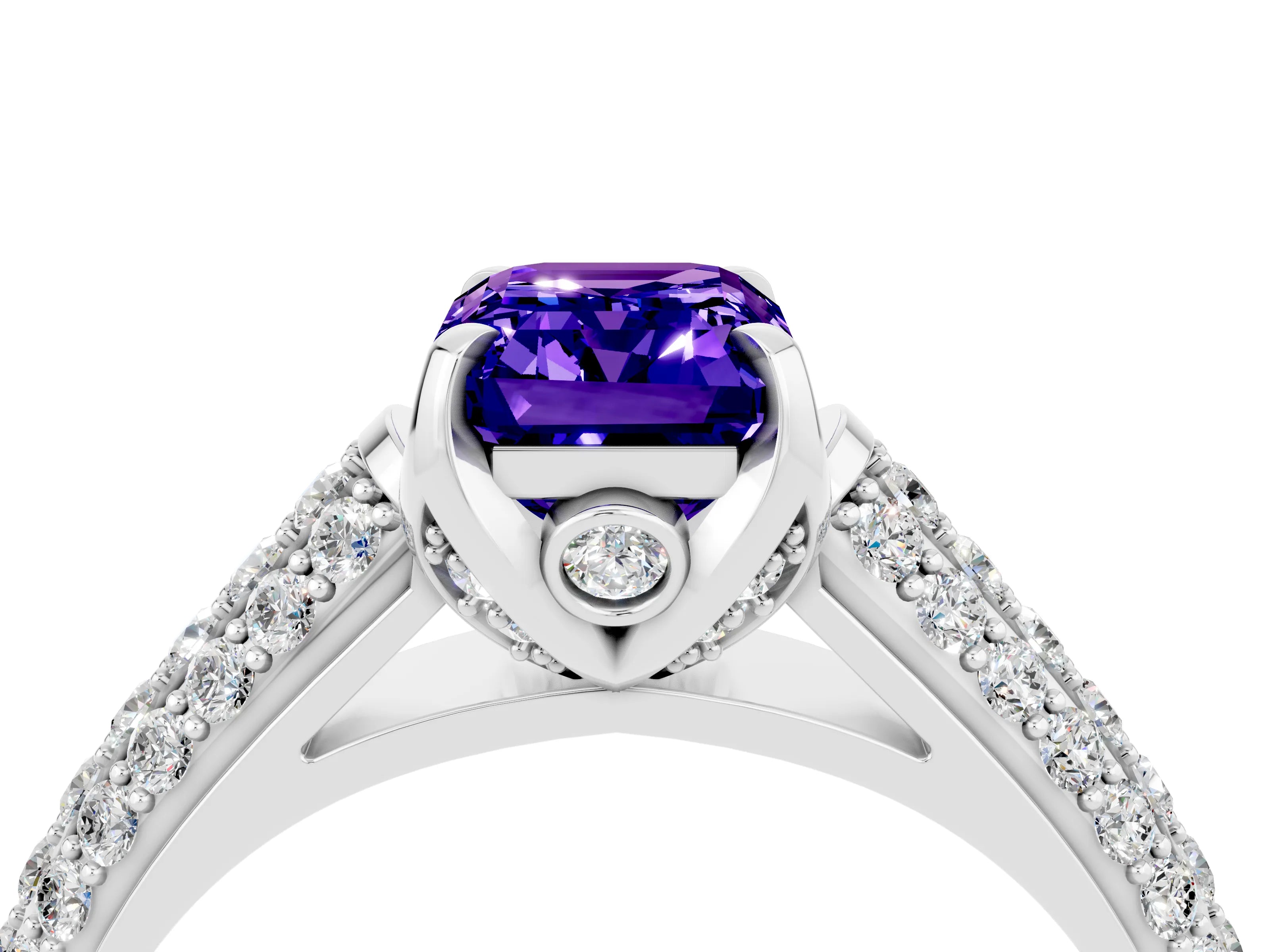 White gold Emerald Cut Tanzanite Solitaire Ring with Three-Row Pavé Band and Four-Prong Setting_16