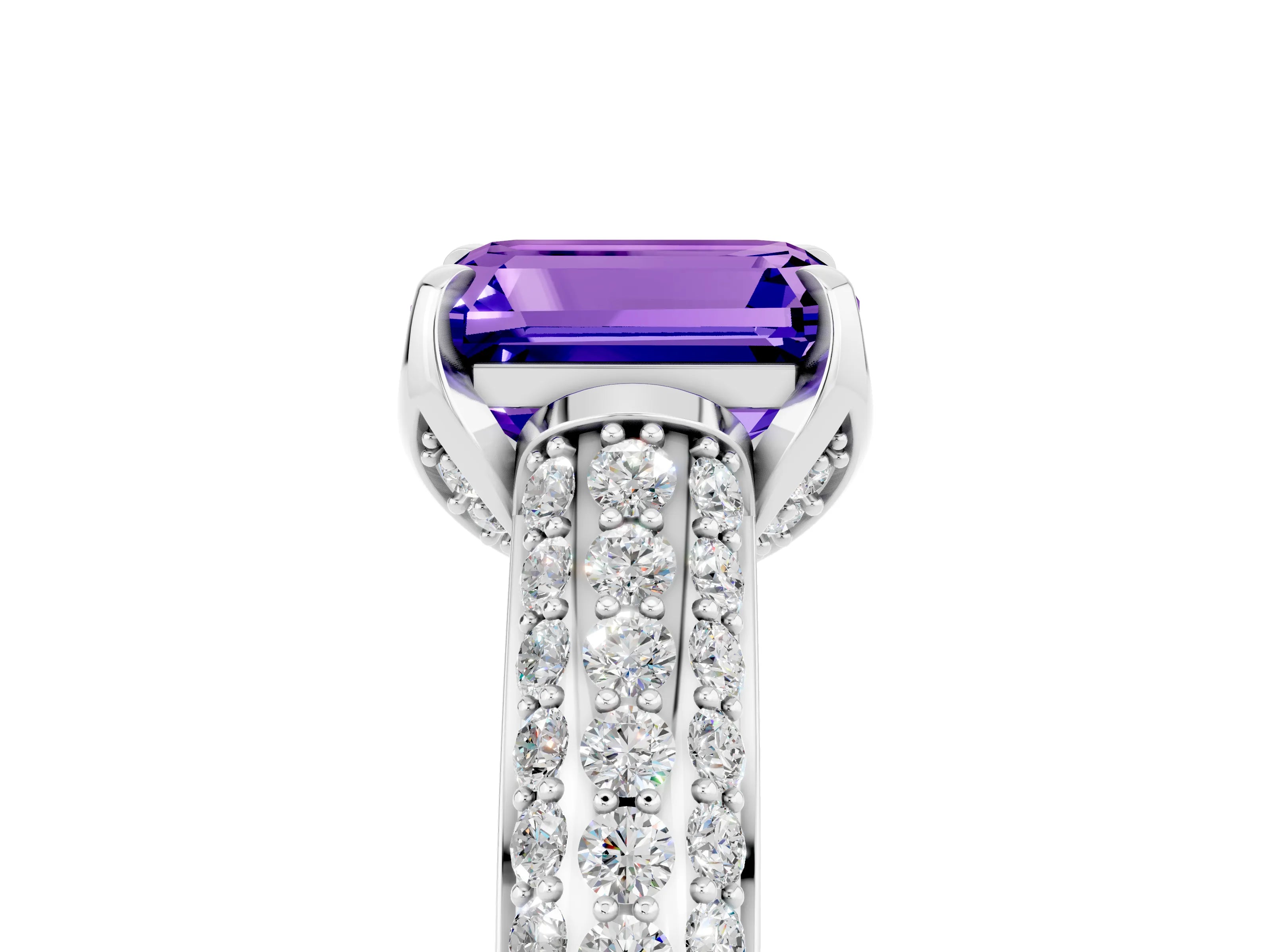 White gold Emerald Cut Tanzanite Solitaire Ring with Three-Row Pavé Band and Four-Prong Setting_17