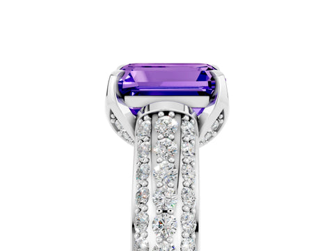 White gold Emerald Cut Tanzanite Solitaire Ring with Three-Row Pavé Band and Four-Prong Setting_17