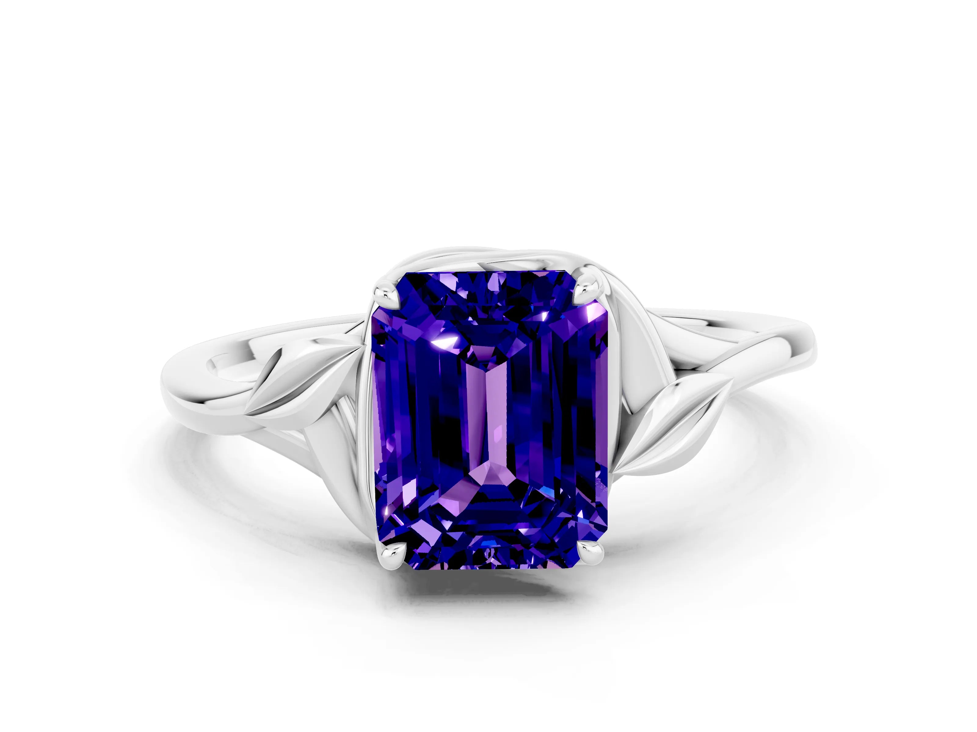 White gold Emerald Cut Tanzanite Solitaire Ring with Twist Band and Four-Prong Setting_12
