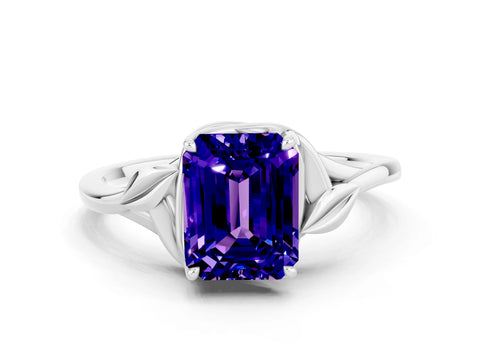 White gold Emerald Cut Tanzanite Solitaire Ring with Twist Band and Four-Prong Setting_12