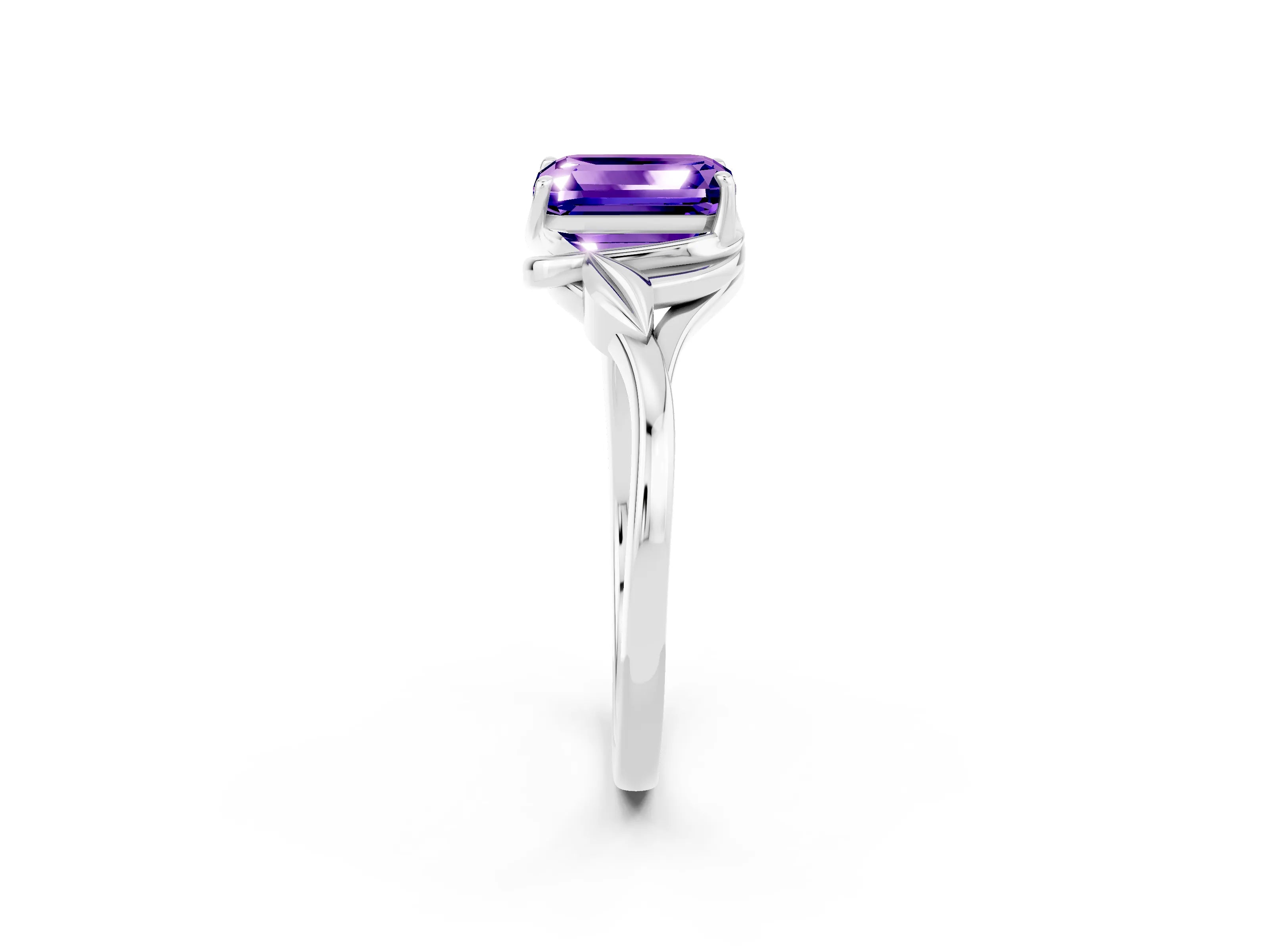 White gold Emerald Cut Tanzanite Solitaire Ring with Twist Band and Four-Prong Setting_14