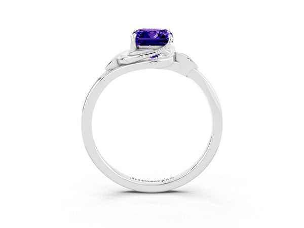 Silver Emerald Cut Tanzanite Solitaire Ring with Twist Band and Four-Prong Setting