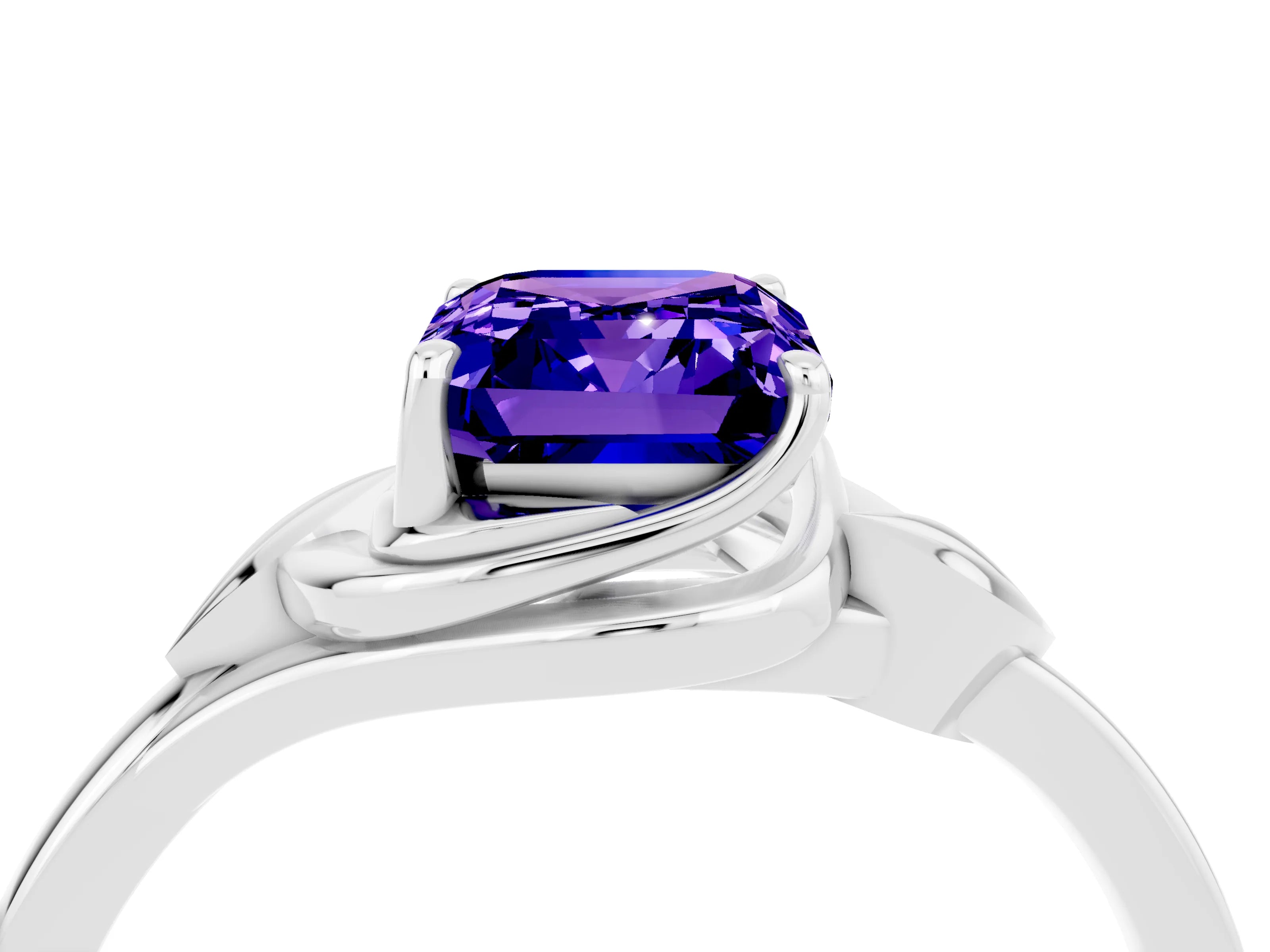 White gold Emerald Cut Tanzanite Solitaire Ring with Twist Band and Four-Prong Setting_16