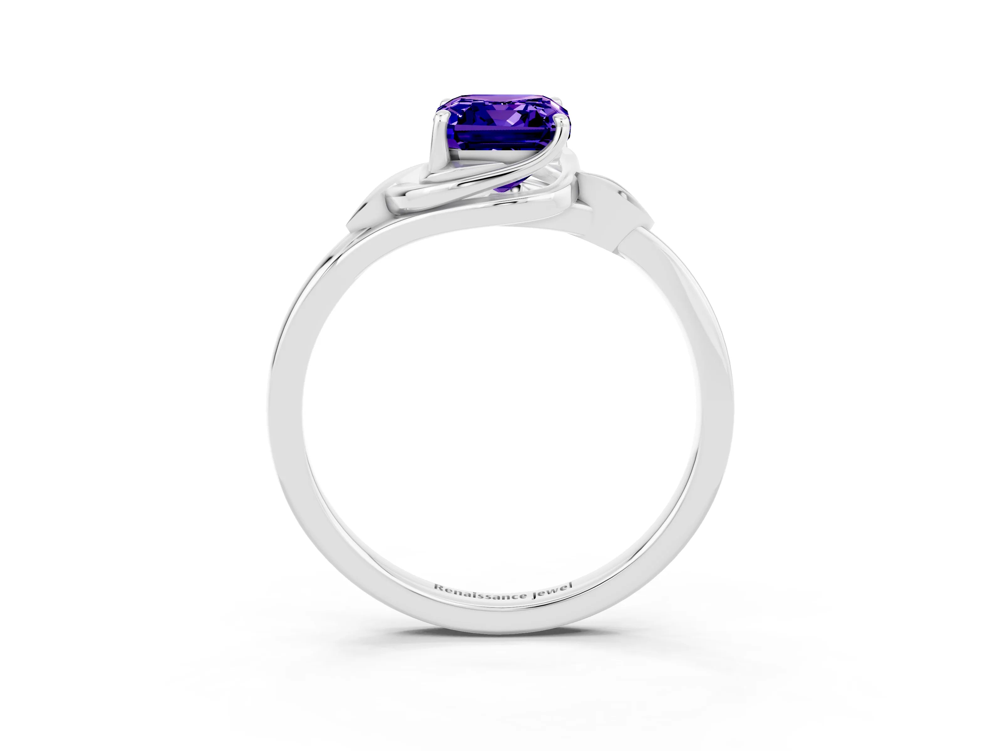 White gold Emerald Cut Tanzanite Solitaire Ring with Twist Band and Four-Prong Setting_39