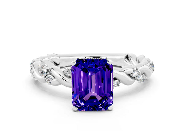 Platinum Emerald Cut Tanzanite Solitaire Ring with Twisted Band and Pavé Accents