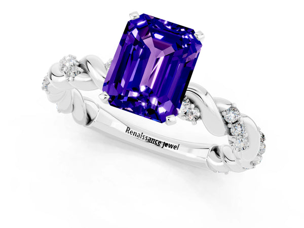Silver Emerald Cut Tanzanite Solitaire Ring with Twisted Band and Pavé Accents