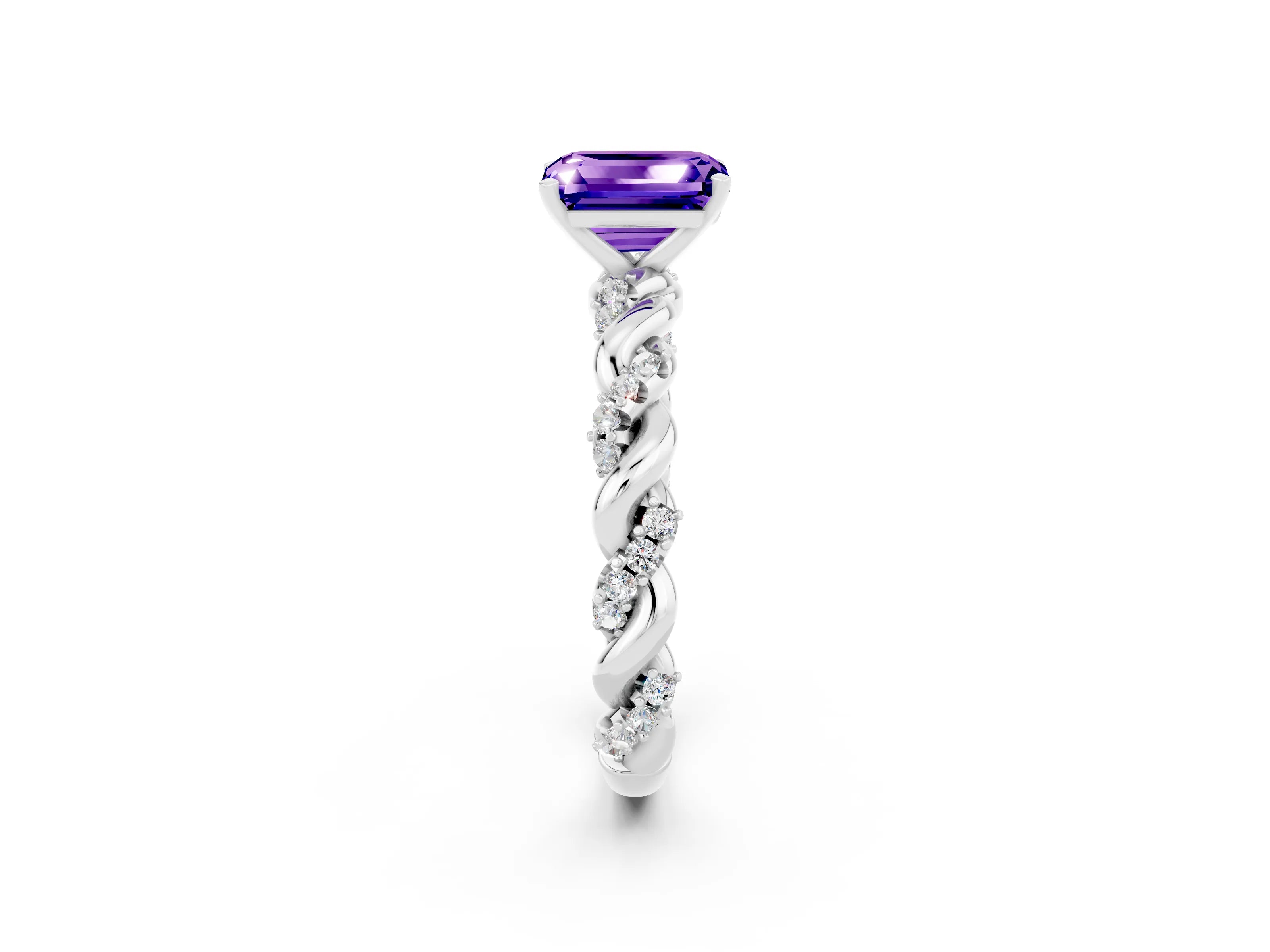 White gold Emerald Cut Tanzanite Solitaire Ring with Twisted Band and Pavé Accents_2
