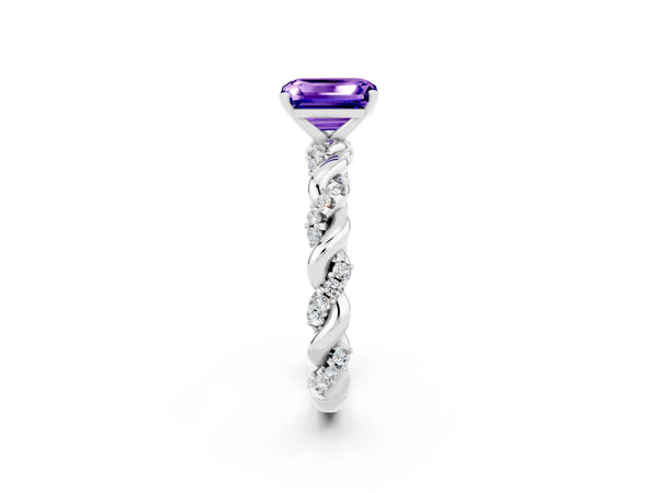 Platinum Emerald Cut Tanzanite Solitaire Ring with Twisted Band and Pavé Accents