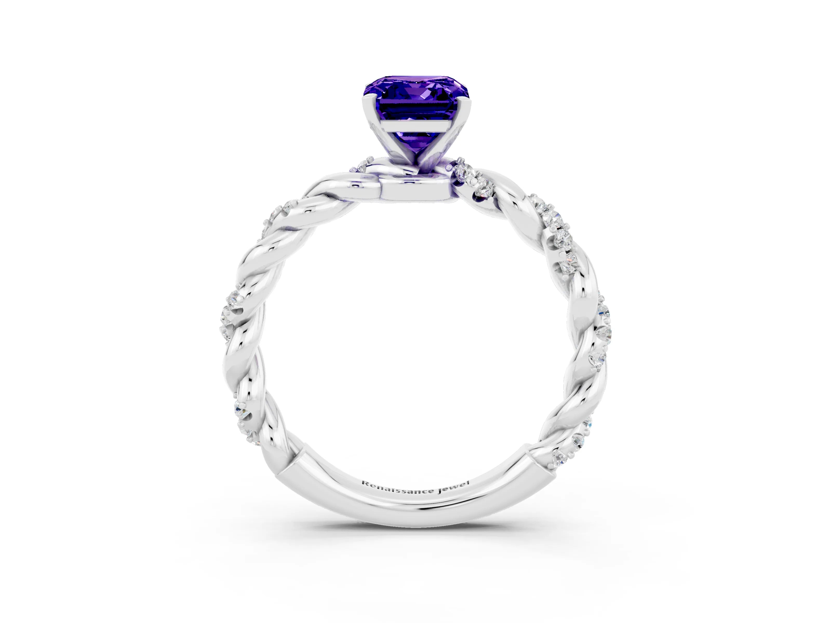 White gold Emerald Cut Tanzanite Solitaire Ring with Twisted Band and Pavé Accents_3