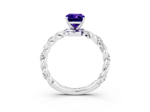 Silver Emerald Cut Tanzanite Solitaire Ring with Twisted Band and Pavé Accents