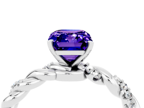 White gold Emerald Cut Tanzanite Solitaire Ring with Twisted Band and Pavé Accents_4