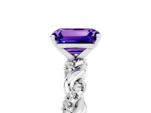 White gold Emerald Cut Tanzanite Solitaire Ring with Twisted Band and Pavé Accents_5