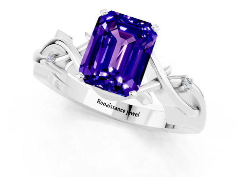 White gold Emerald Cut Tanzanite Solitaire Ring with Twisted Band and Prong Setting_1