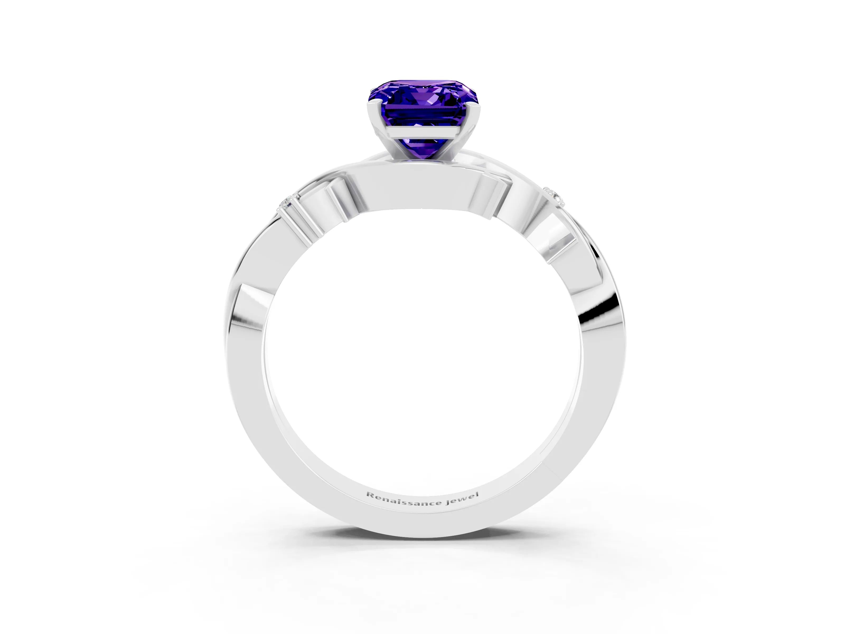 White gold Emerald Cut Tanzanite Solitaire Ring with Twisted Band and Prong Setting_3
