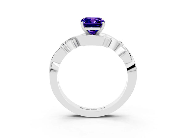 Silver Emerald Cut Tanzanite Solitaire Ring with Twisted Band and Prong Setting