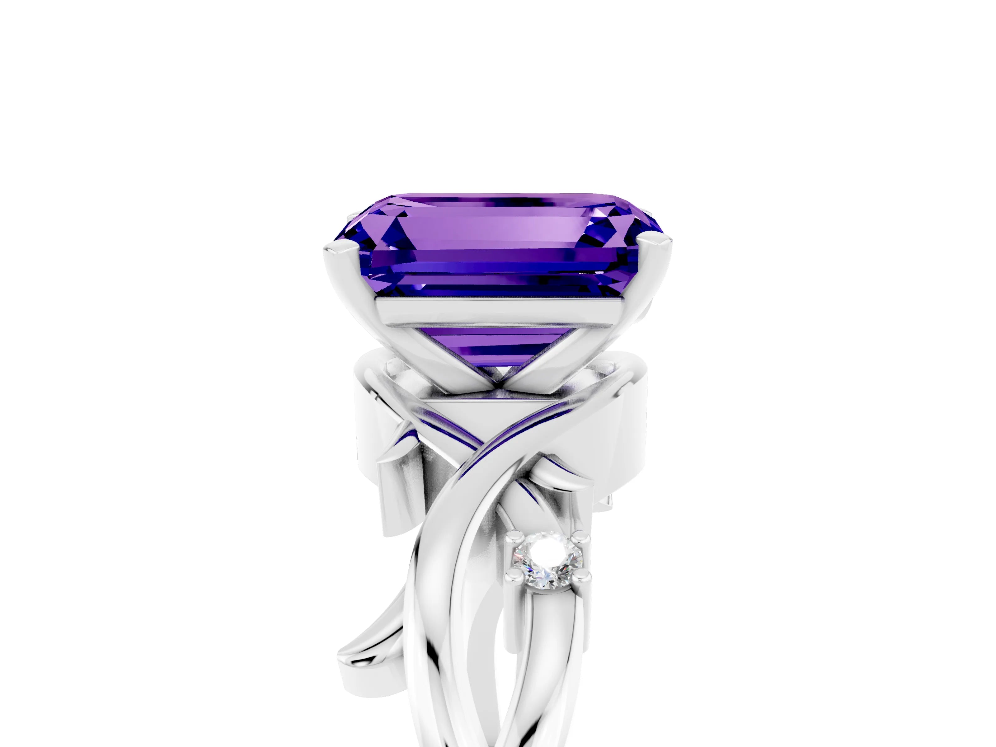 White gold Emerald Cut Tanzanite Solitaire Ring with Twisted Band and Prong Setting_5