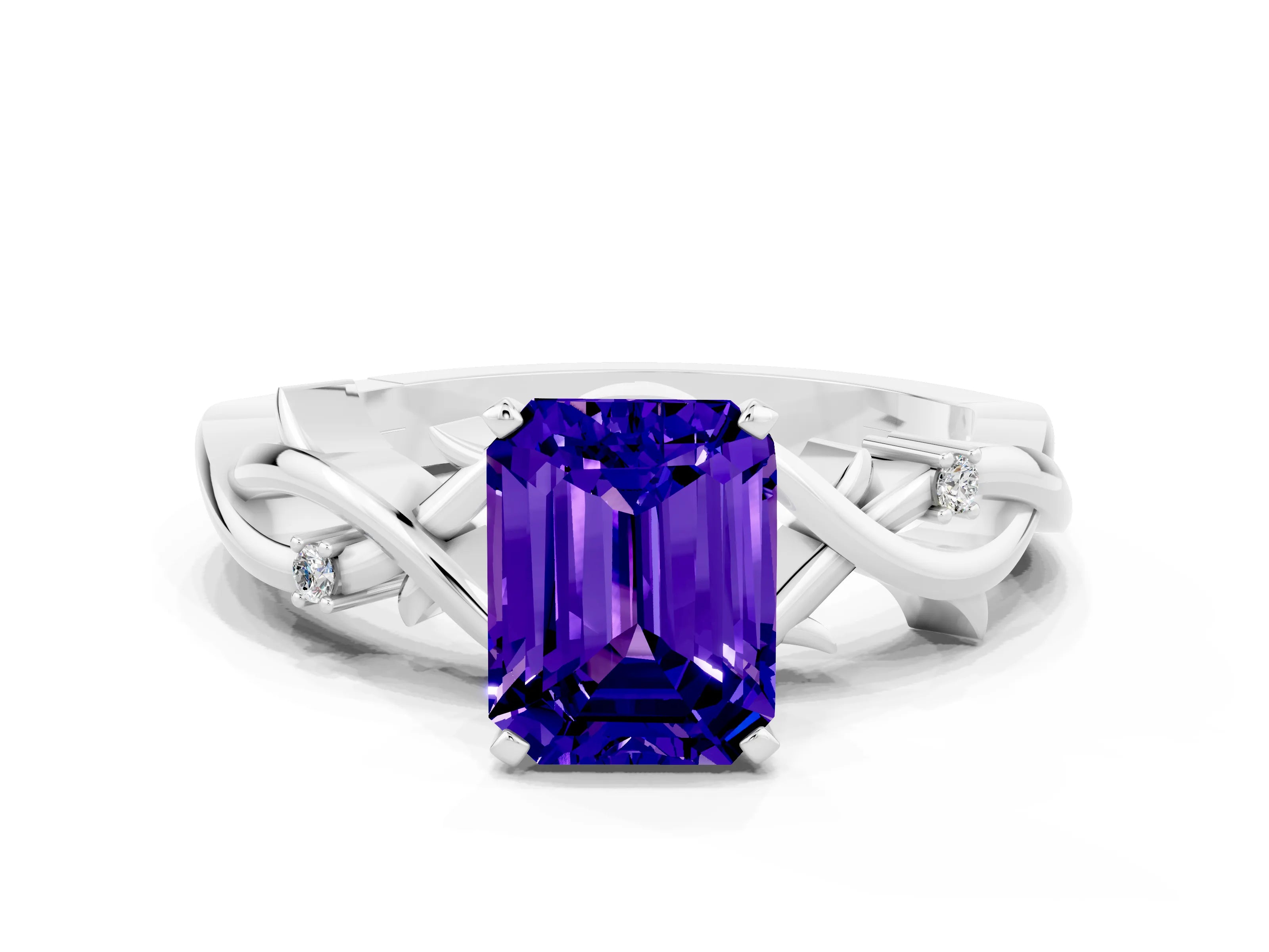 White gold Emerald Cut Tanzanite Solitaire Ring with Twisted Band and Prong Setting