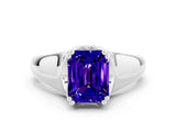 White gold Emerald Cut Tanzanite Solitaire Ring with Wide Band and Prong Setting