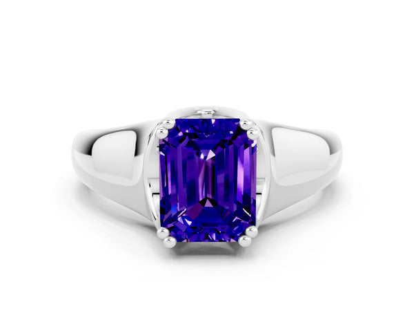Platinum Emerald Cut Tanzanite Solitaire Ring with Wide Band and Prong Setting