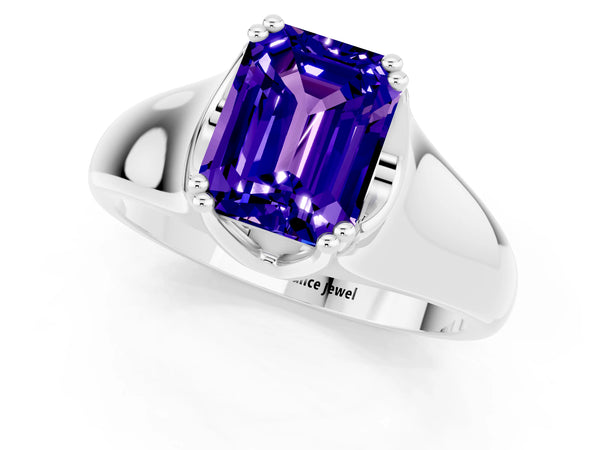 Silver Emerald Cut Tanzanite Solitaire Ring with Wide Band and Prong Setting
