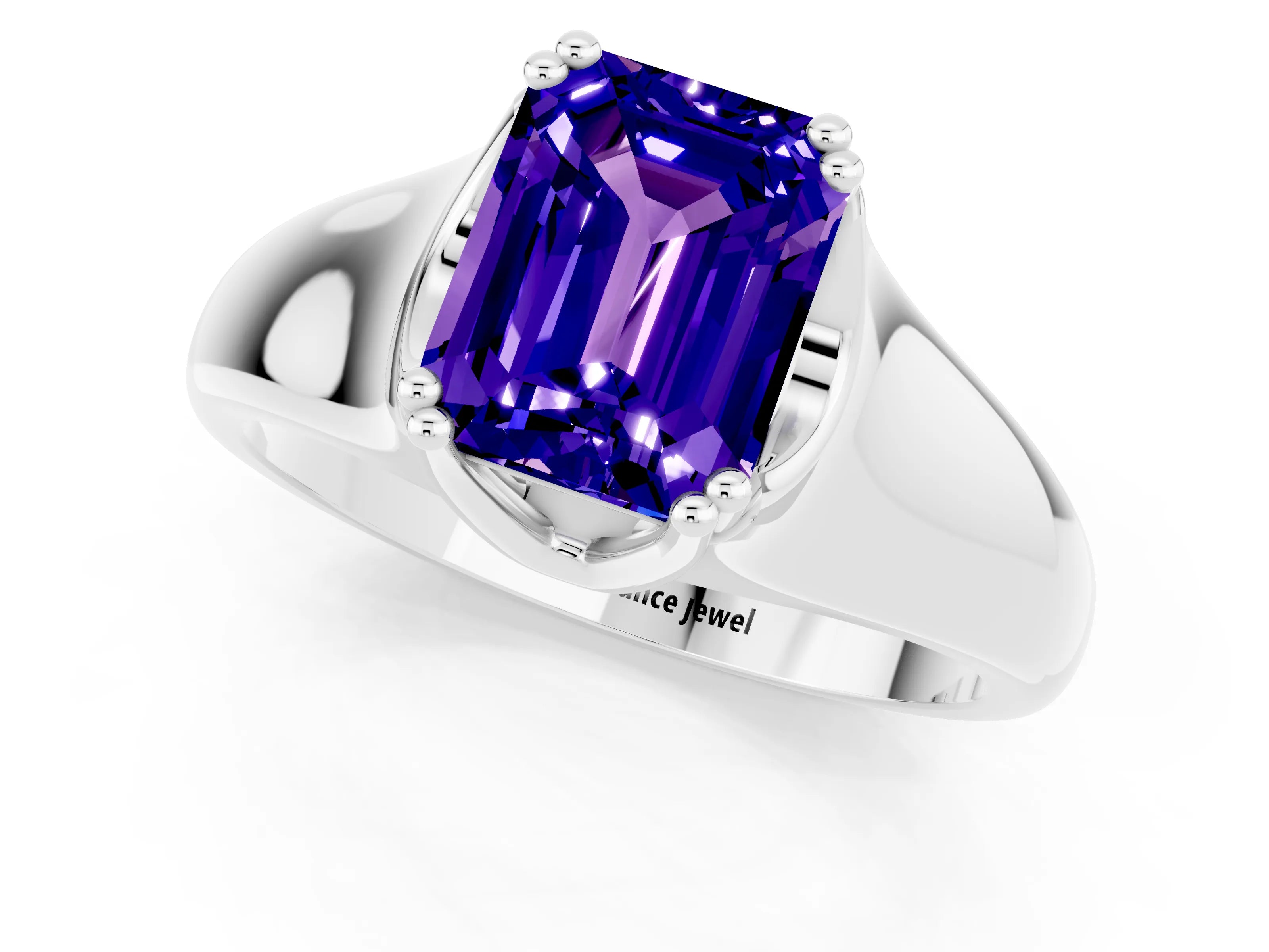 White gold Emerald Cut Tanzanite Solitaire Ring with Wide Band and Prong Setting_1