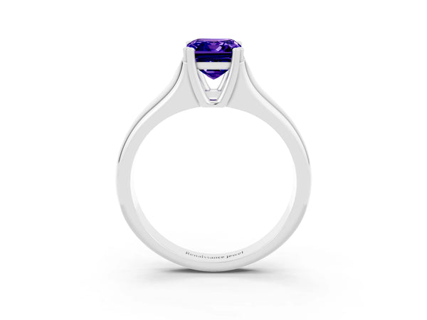 White gold Emerald Cut Tanzanite Solitaire Ring with Wide Band and Prong Setting