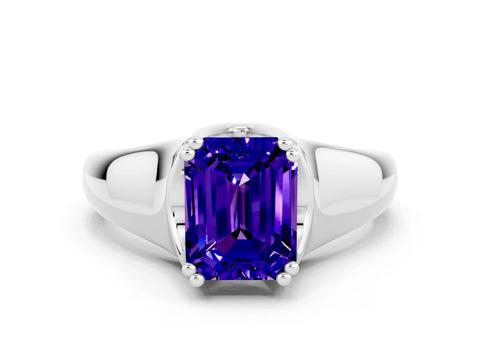 White gold Emerald Cut Tanzanite Solitaire Ring with Wide Band and Prong Setting