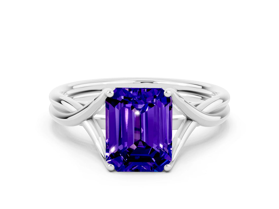 White gold Emerald Cut Tanzanite Solitaire Twist Band Prong Setting Ring_36