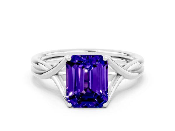 Silver Emerald Cut Tanzanite Solitaire Twist Band Prong Setting Ring